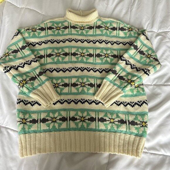 American Eagle Outfitters Womens Xs Cream Blue Fair-isle Knit Sweater Oversized - Picture 1 of 8